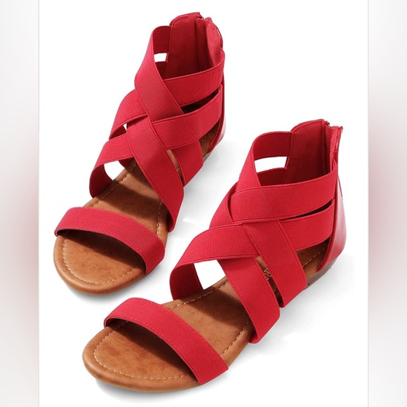 Red Sandals Elastic Strap Open Toe Low Wedge Sandals Back Zipper Shoes Size 7.5 - Picture 7 of 7